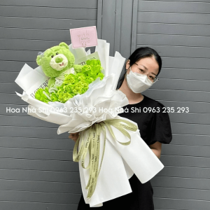 bo hoa hong sap kem 1 gau bong tone xanh la 20