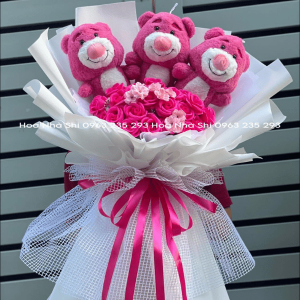 Bó Hoa Hồng Sáp 3 Gấu Bông Tone Hồng - 01