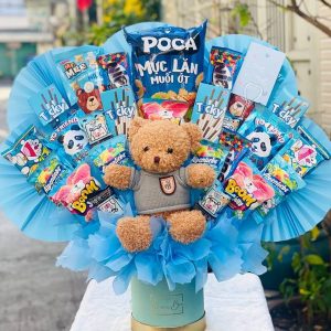 bo hoa banh keo sinh nhat mix gau teddy 144