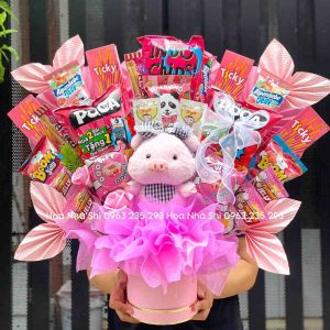 bo hoa banh keo sinh nhat mix gau bong tone hong 179