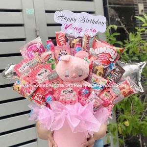 bo hoa banh keo sinh nhat mix gau bong tone hong 184