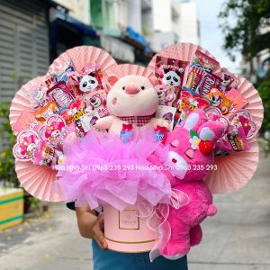 bo hoa banh keo sinh nhat mix gau bong 189