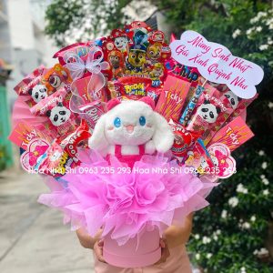 bo hoa banh keo sinh nhat mix gau bong tone hong 194