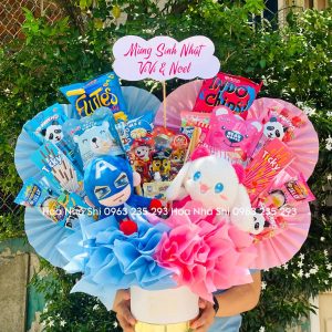 bo hoa banh keo sinh nhat 2 mau xanh hong 222